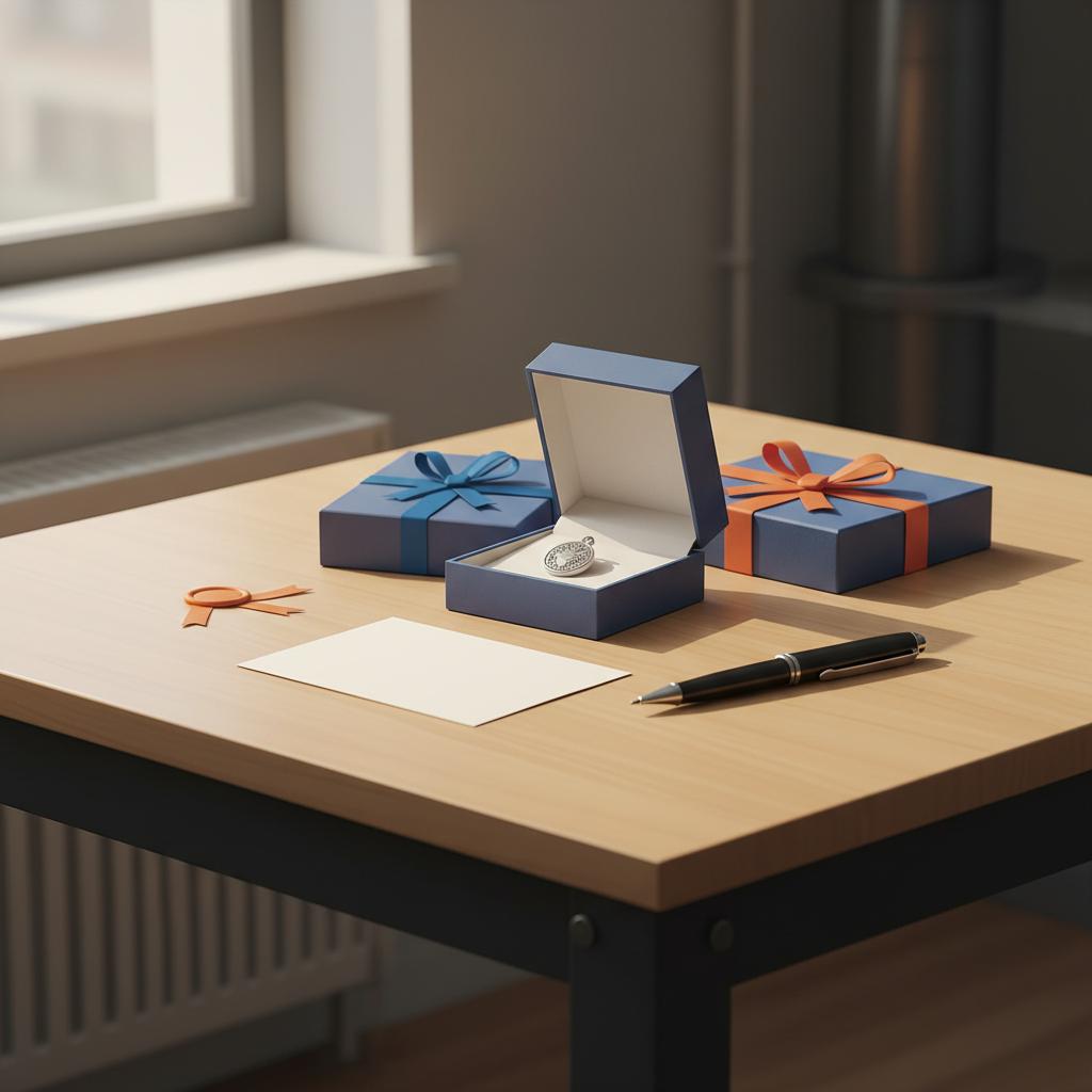 Nahaufnahme eines Holztisches mit geöffneten Geschenkboxen, graviertem Metallanhänger (ohne lesbare Schrift), leerer Karte und Stift – persönliche Geschenke Mutter, minimalistisches Vektorbild
