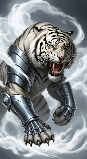 Fierce White Tiger Warrior in Silver Armor Fantasy Art - Free mobile Wallpaper