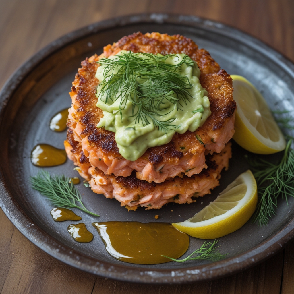 Final Crispy Salmon & Cannellini Protein Cakes with Lemon-Dill Avocado Spread