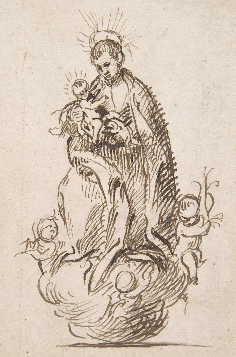 Male Saint standing on clouds supported by putti holding infant Christ ca 173133