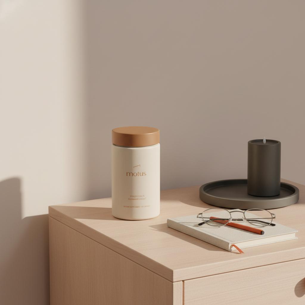 Who should NOT take Zepbound? Minimal bedside scene with Motus supplement container on a bedside table beside a closed notebook and reading glasses in soft morning light.