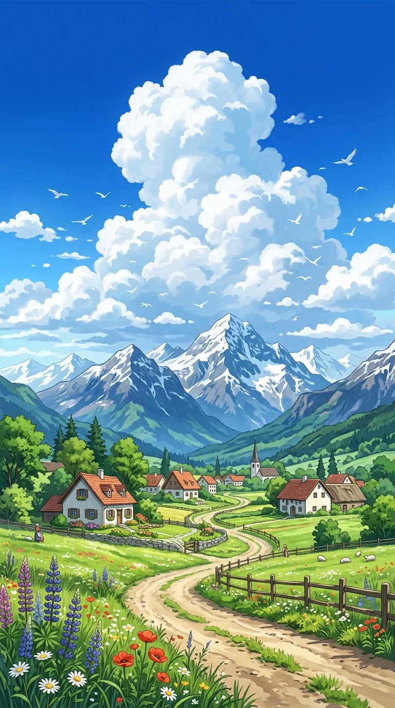 Aesthetic Anime Alpine Village under Snowy Mountain Peak Wallpaper - Free 4K mobile Wallpaper