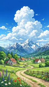 Aesthetic Anime Alpine Village under Snowy Mountain Peak Wallpaper