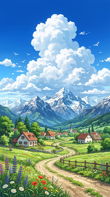 Aesthetic Anime Alpine Village under Snowy Mountain Peak Wallpaper - Free mobile Wallpaper