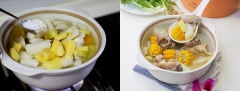 Bạn nêm thêm muối và đun cho đến khi khoai tây, củ cải chín thì tắt bếp. Canh xương nấu rau củ là món ăn quen thuộc với nhiều gia đình.