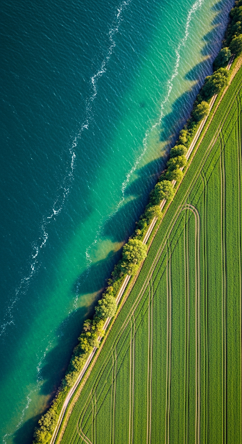 Aerial Top-Down View of Vibrant Green Field Meeting Deep Blue Water Shoreline