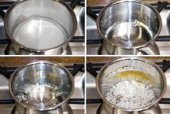 Làm caramel: Cho 3 muỗng canh nước, 2 muỗng canh đường trắng vào nồi, đặt trên bếp, nấu lửa nhỏ, khuấy đều cho đến khi đường tan. Khi đường tan, vặn lửa lớn cho nước trong nồi sôi nổi bong bóng.