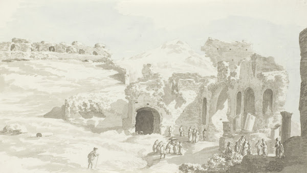 Gezicht op een gedeelte van het toneel en de muur daarachter van het theater van