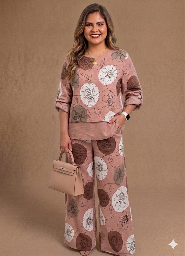 Set de Pantalón y Blusón Palo de Rosa en Lino Europeo
