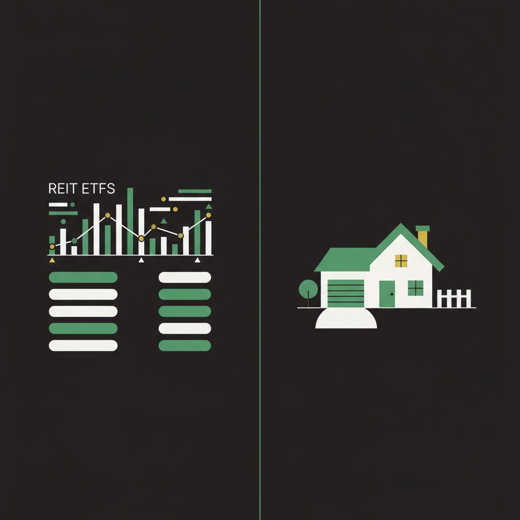 Split 2D vector showing REIT ETFs on a stock screen and a suburban rental property side by side to illustrate property investment for beginners comparison