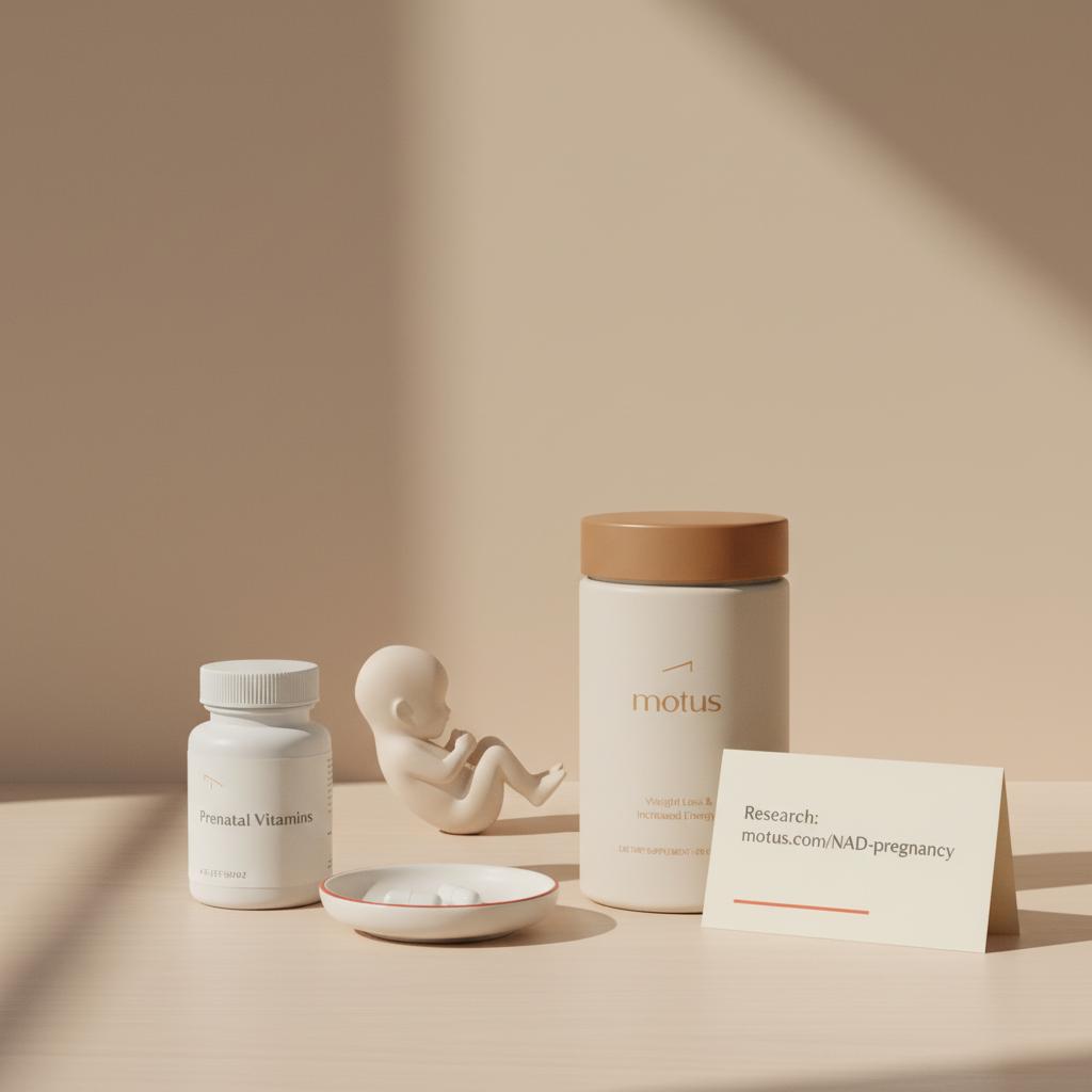 Minimalist tabletop scene with Tonum supplement container, prenatal bottle, ceramic dish with two capsules, folded card showing Tonum research URL and small fetal silhouette — NAD+ and pregnancy