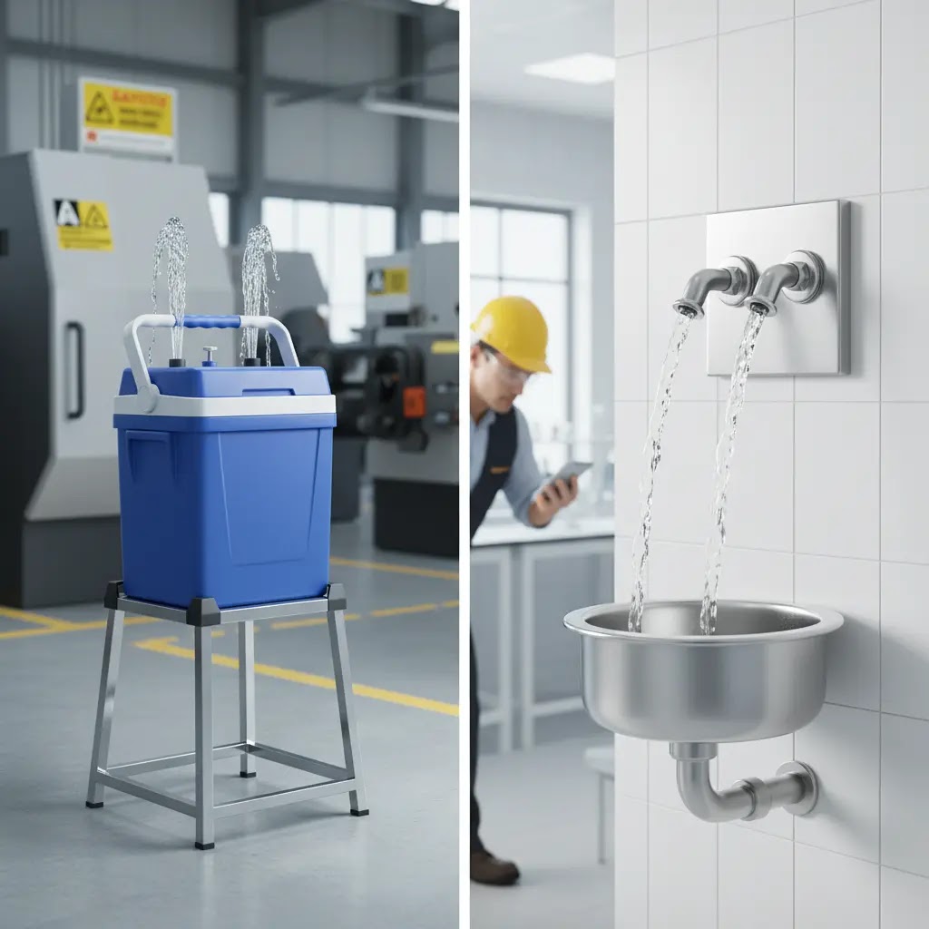 Perbedaan portable eyewash vs wall-mounted eyewash station.
