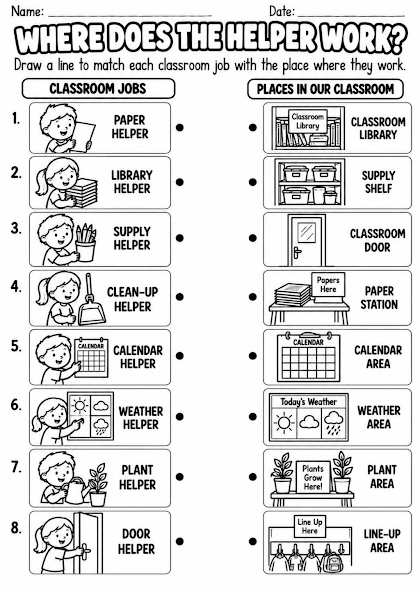 Classroom Jobs and Places Match Worksheet