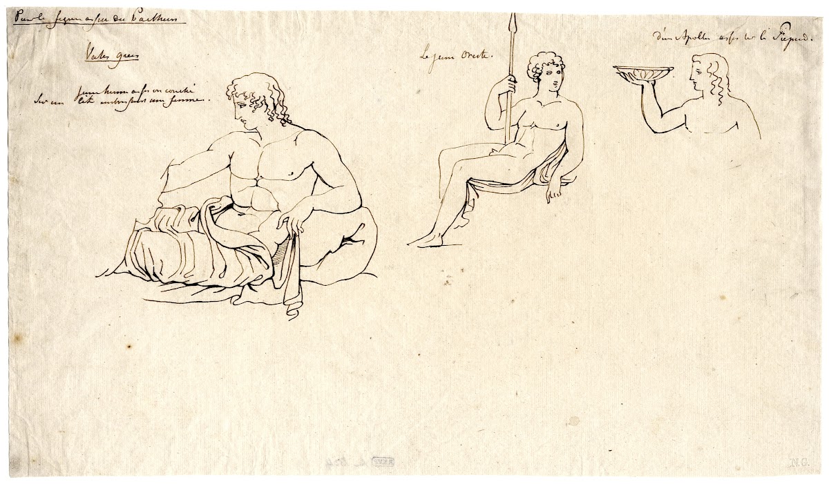 Three sitting figures Orestes Apollo and an unidentifiable youth
