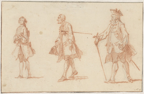 Drie mannelijke figuren twee met stok en steek 1706 1750