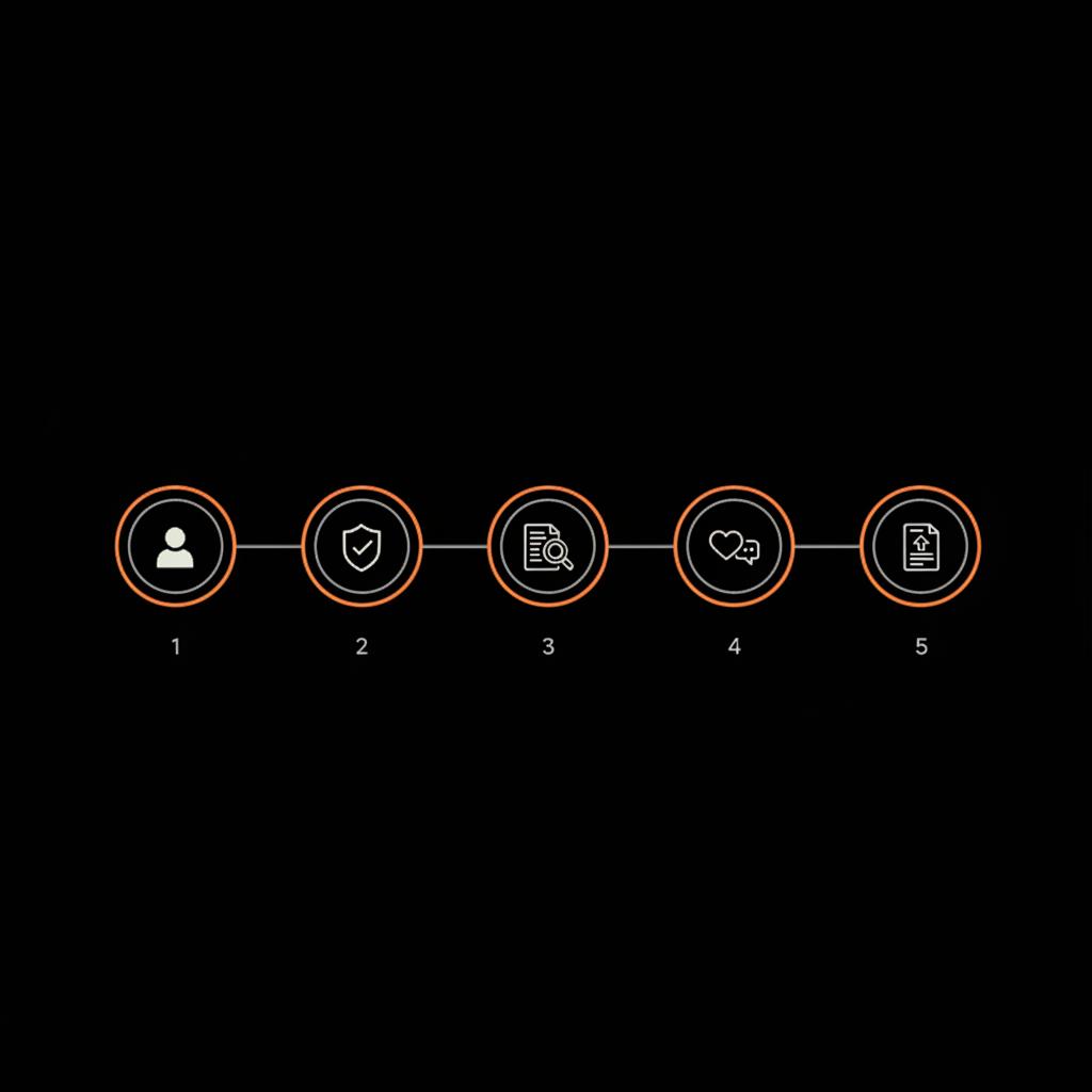 Minimal black timeline infographic with five vector icons (profile, security, evidence, engagement, application) illustrating steps to get verified on TikTok
