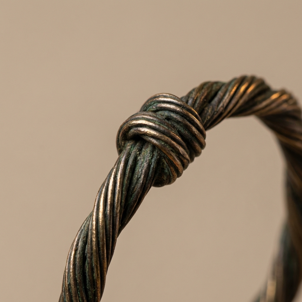 Close up of old viking jewelry twisted wire terminal showing wire count and aged patina on warm neutral ede7da background