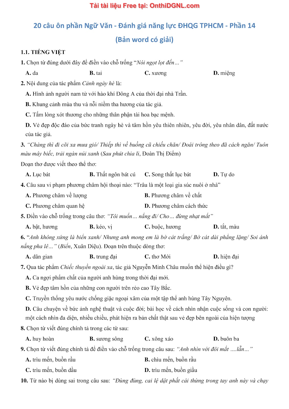 500 bài tập môn Ngữ Văn - Ôn thi ĐGNL ĐHQG TP HCM Phần 14