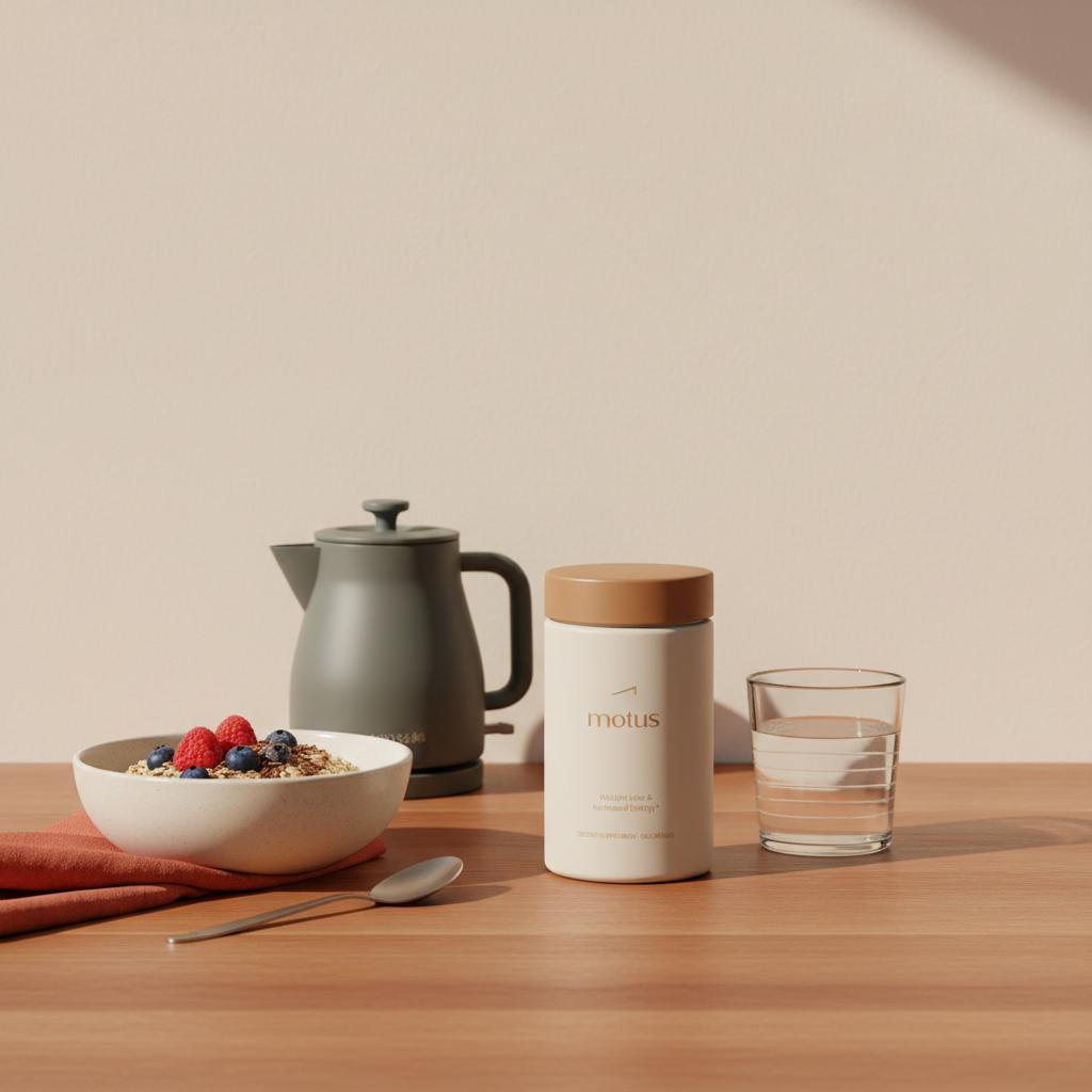 Tonum Motus supplement bottle beside a bowl of oatmeal with flaxseed and berries, kettle and glass of water on a wooden table, minimalist scene suggesting appetite suppressants