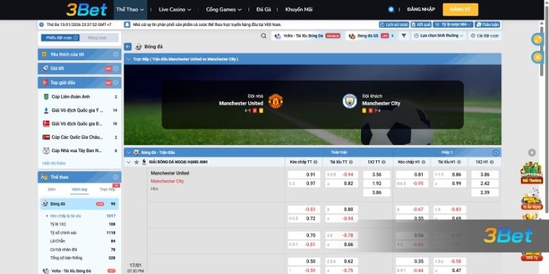 Tỷ lệ kèo Man United vs Man City 19h30 ngày 17/01/2026