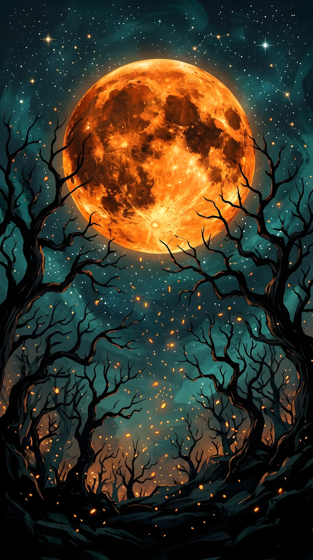 Stylized Orange Full Moon with Black Tree Silhouettes - Free 4K mobile Wallpaper