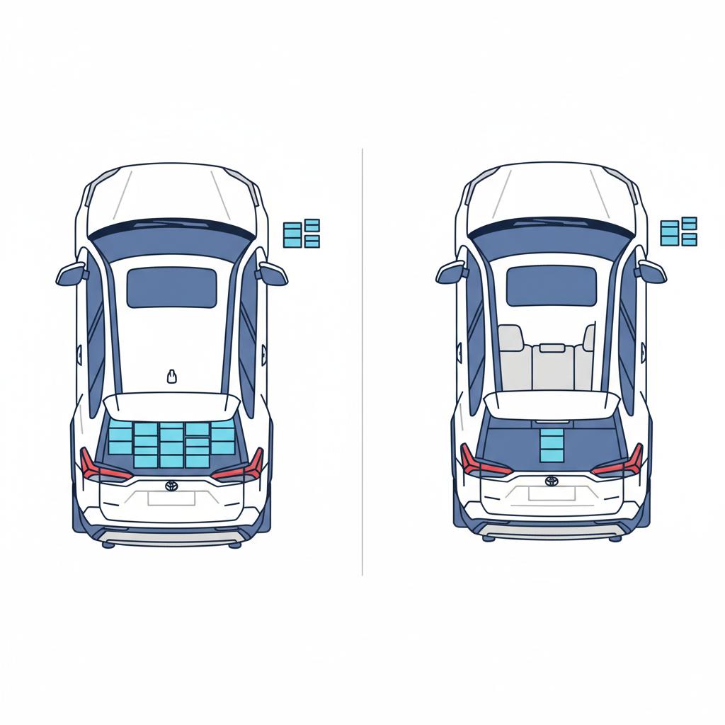 Minimalist 2D vector rear cargo comparison of Toyota RAV4 seats up and Toyota Highlander third row up showing usable cargo differences for toyota suv for sale