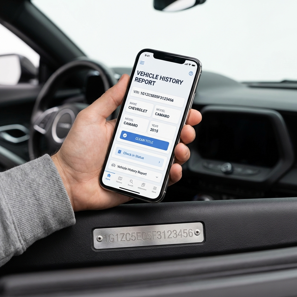 Close up of a VIN plate and smartphone showing a vehicle history report for repossessed cars for sale on a clean white background in CarFax Deals style