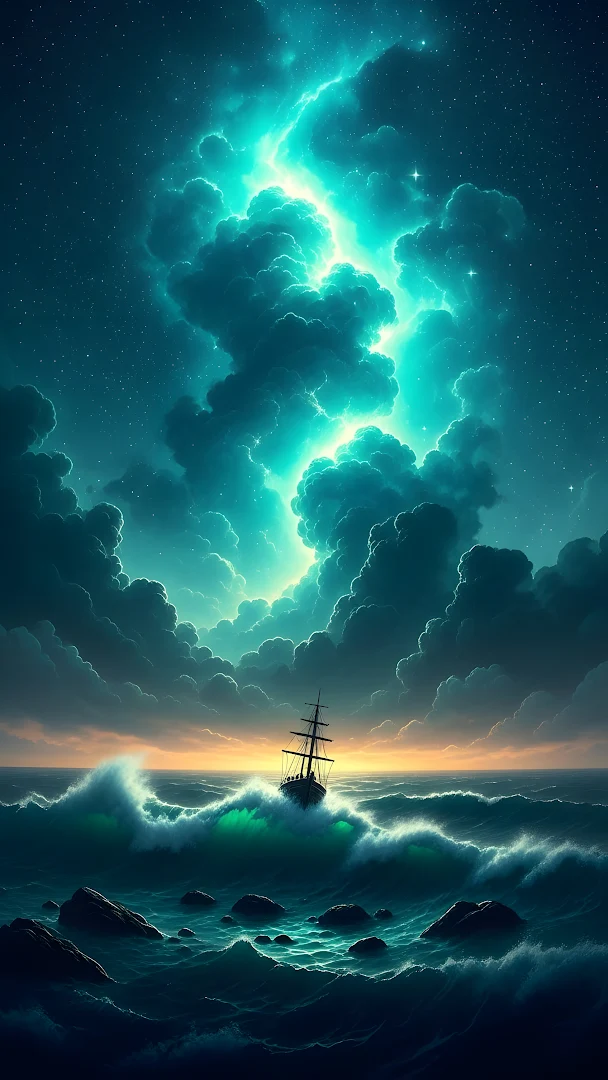 Stormy Sea with Ship Under Neon Aurora Night Sky