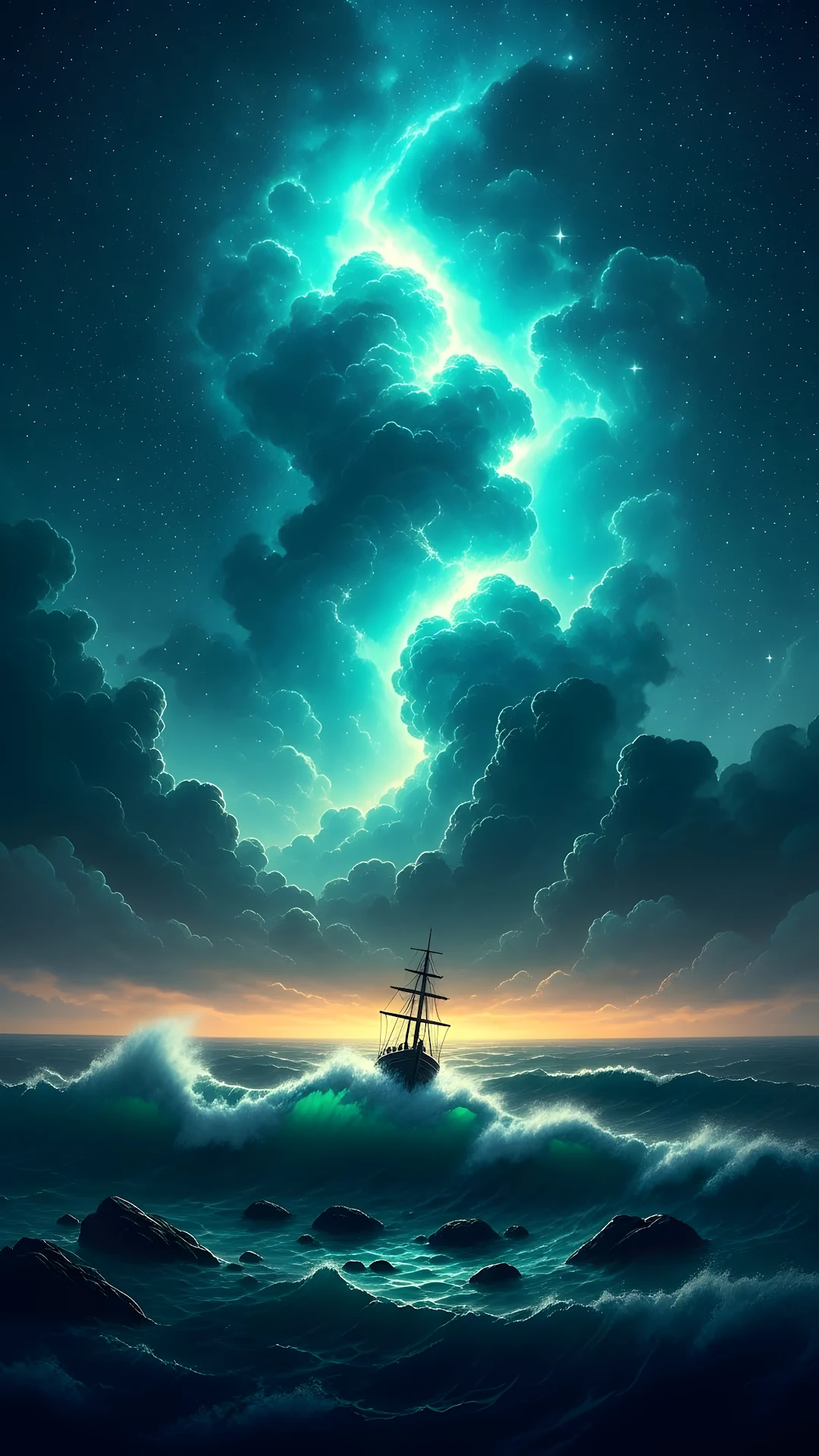 Stormy Sea with Ship Under Neon Aurora Night Sky - Free 4K mobile Wallpaper