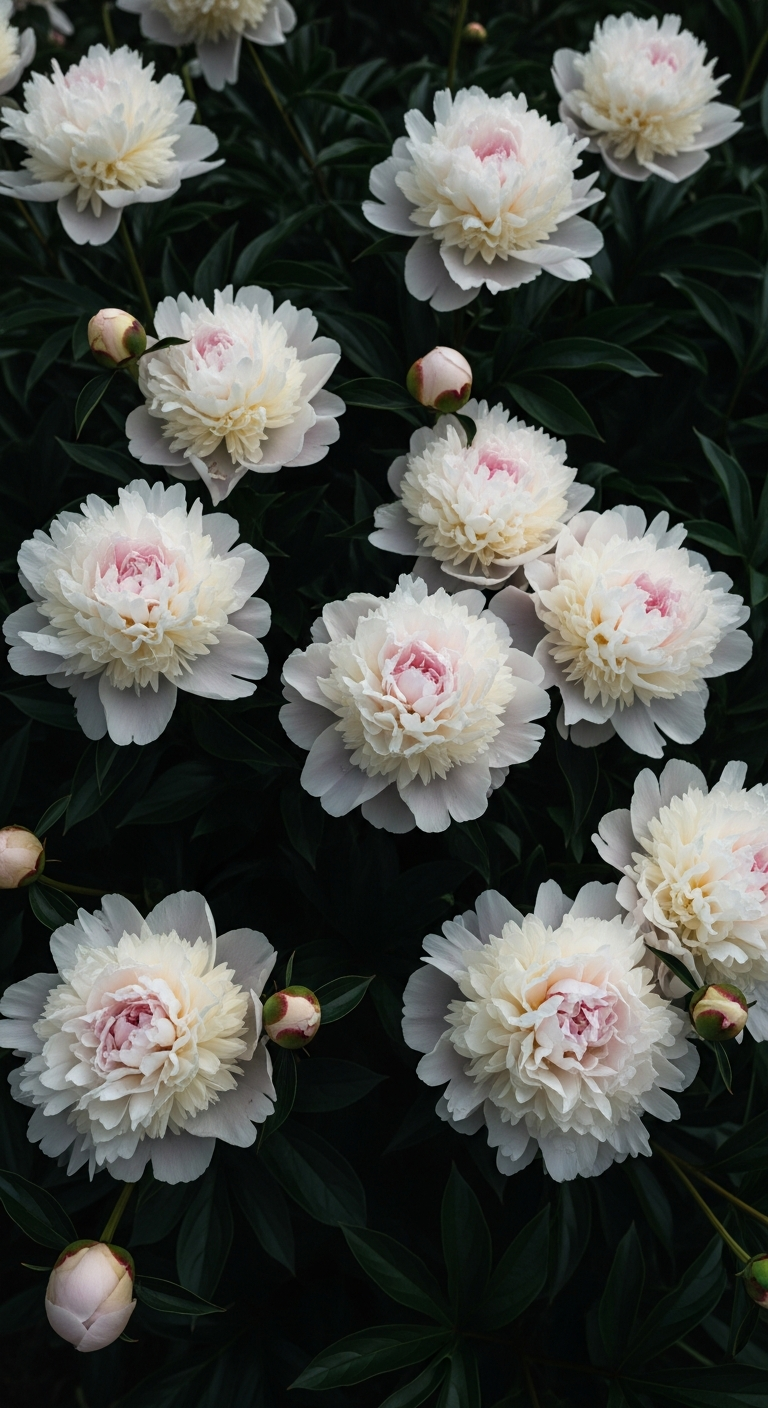 Vertical Close-up of Creamy White Peony Blooms and Buds Against Dark Green Leaves - Free 4K mobile Wallpaper