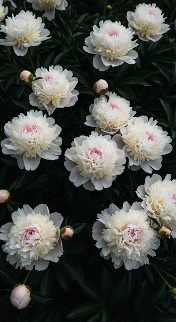 Vertical Close-up of Creamy White Peony Blooms and Buds Against Dark Green Leaves - Free mobile Wallpaper