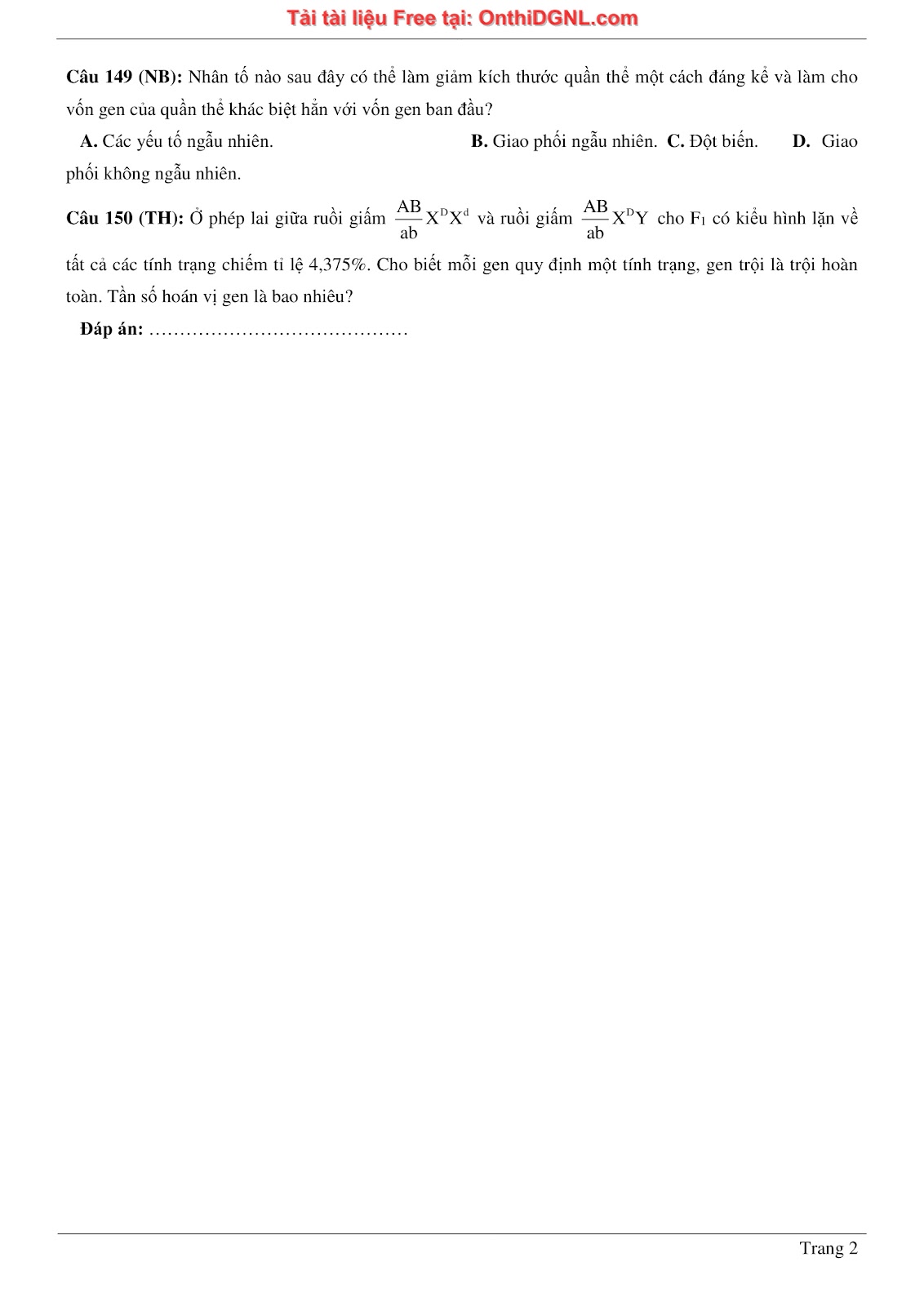 150 bài tập môn Sinh học - Ôn thi ĐGNL ĐHQG HN Phần 13