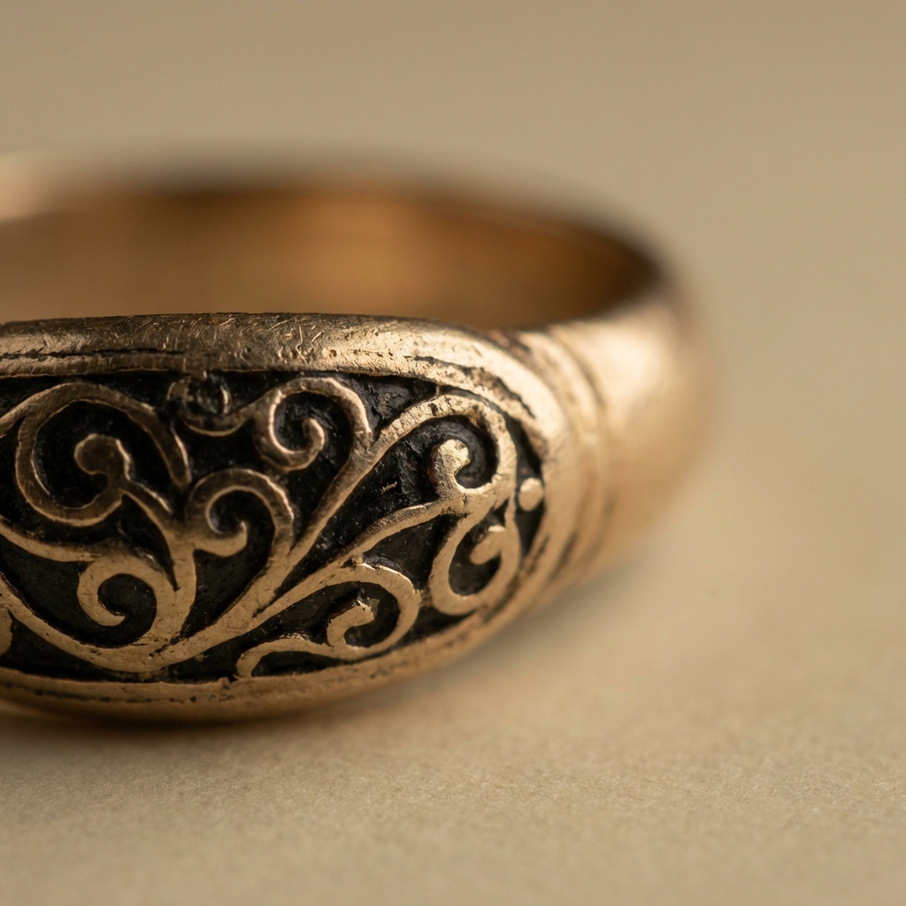 Macro photo of a bezel from ancient wedding rings with black niello inlaid lines contrasting warm aged gold under angled light on a soft ede7da background