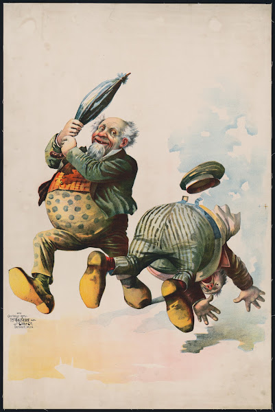 Two plump men one with umbrella one falling 1890
