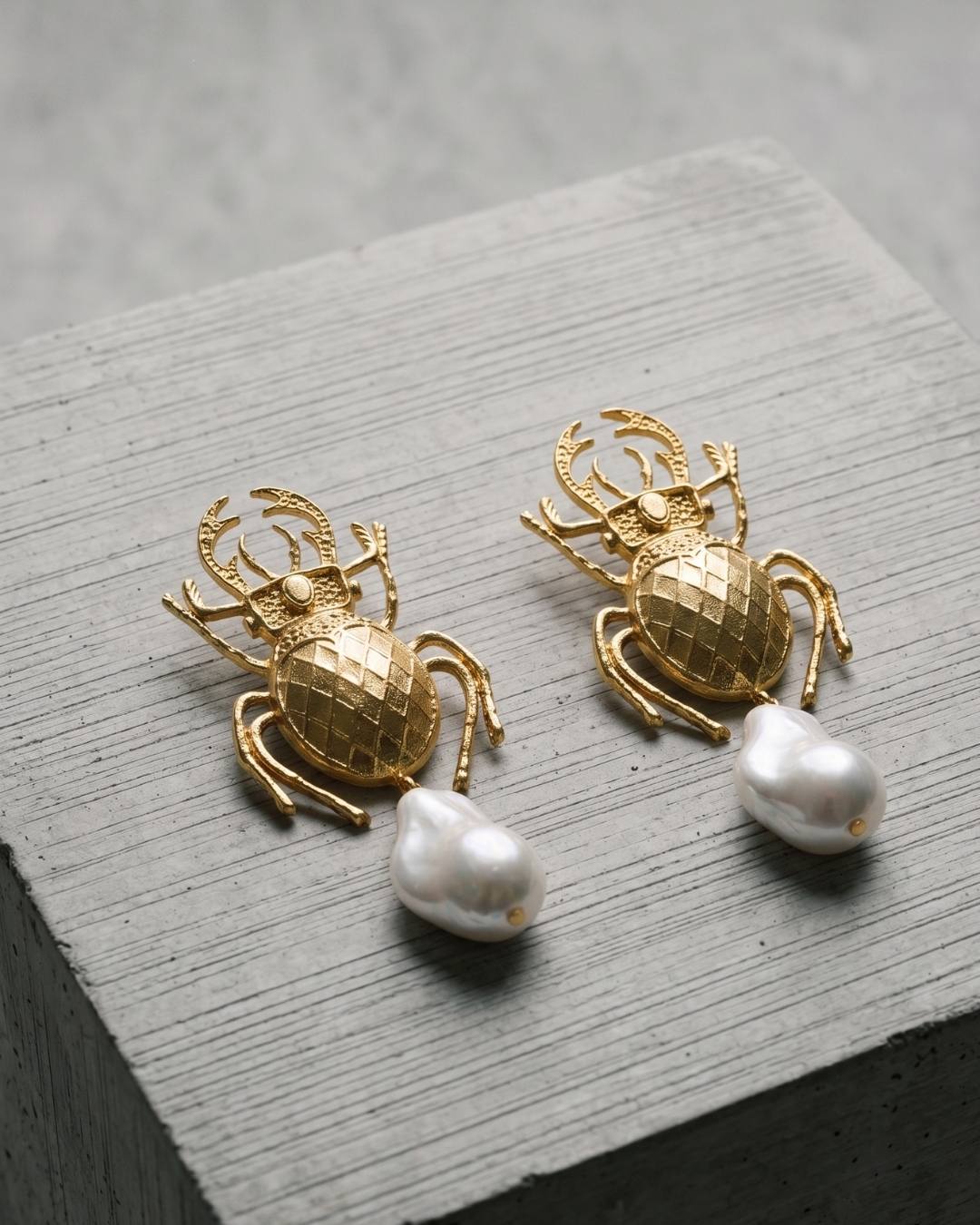 Grid Scarab Baroque Pearl Earrings
