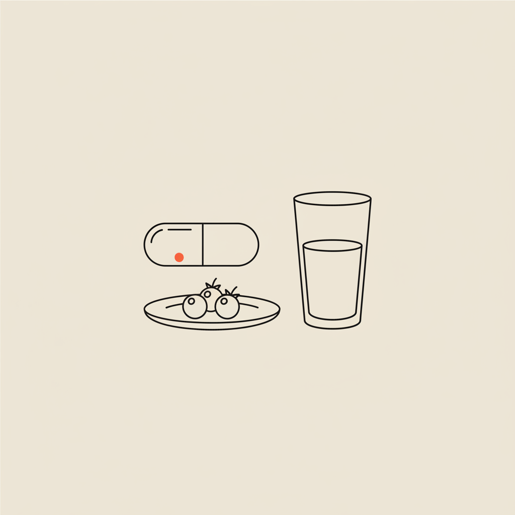 Minimalist line illustration of a capsule, small plate with berries, and a water glass on a beige background representing metabolism pills and healthy nutrition.