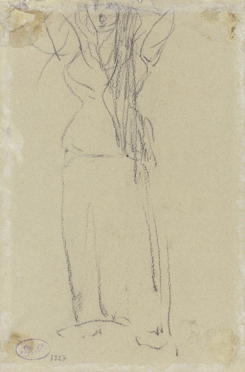 Flüchtige Skizze einer Frauenfigur mit erhobenen Armen ca 1900