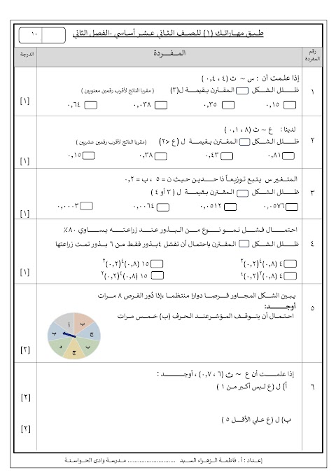سلسلة طبق مهاراتك - مع نموذج الإجابة - رياضيات أساسية الصف 12 الفصل 2