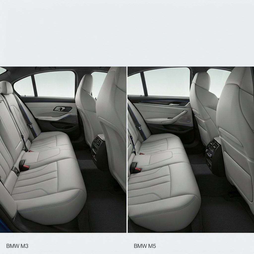 Rear seat comparison showing legroom difference between BMW M3 and BMW M5 neutral upholstery natural daylight minimalist interior bmw m3 for sale