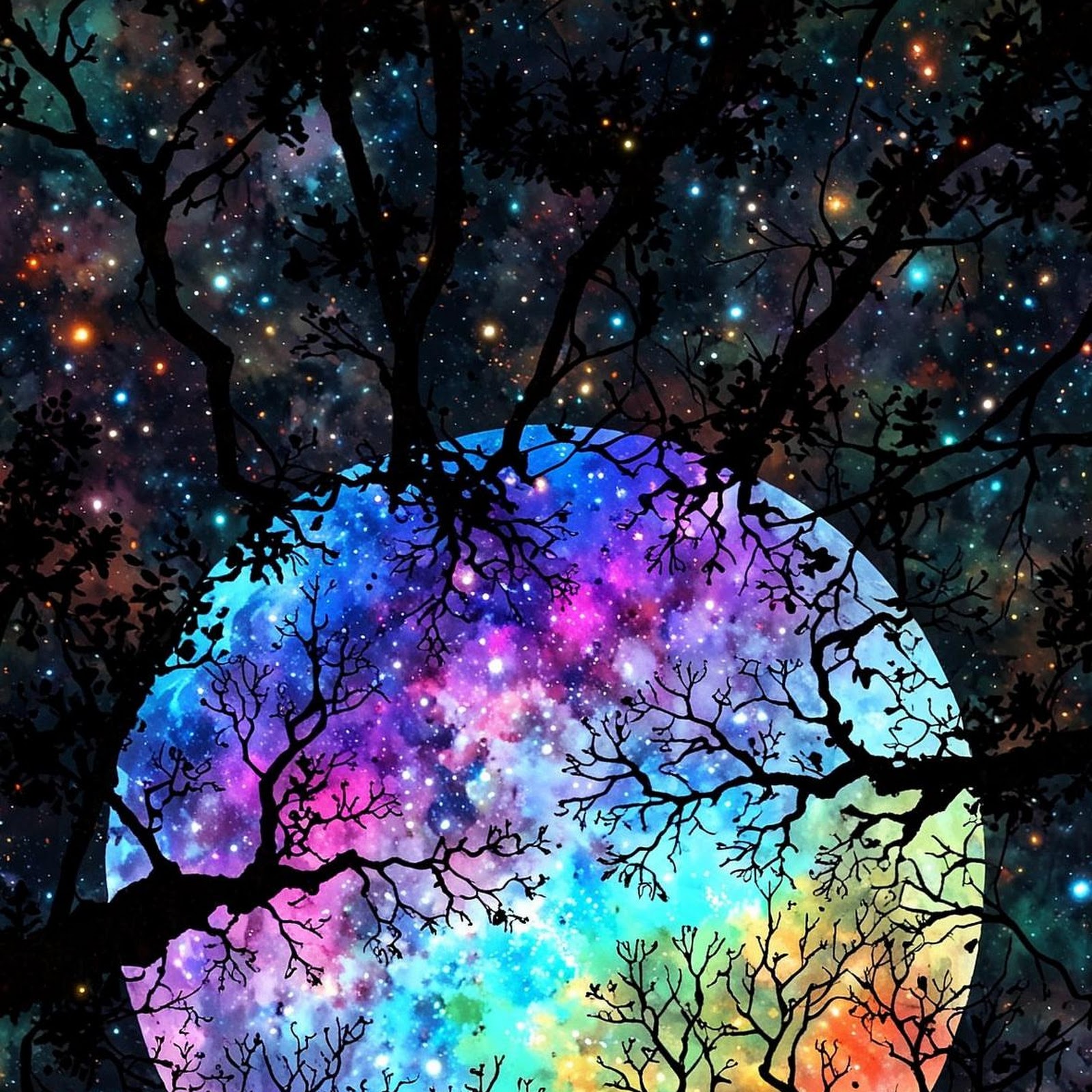 Download Rainbow Galaxy Behind Dark Trees Full HD iPhone