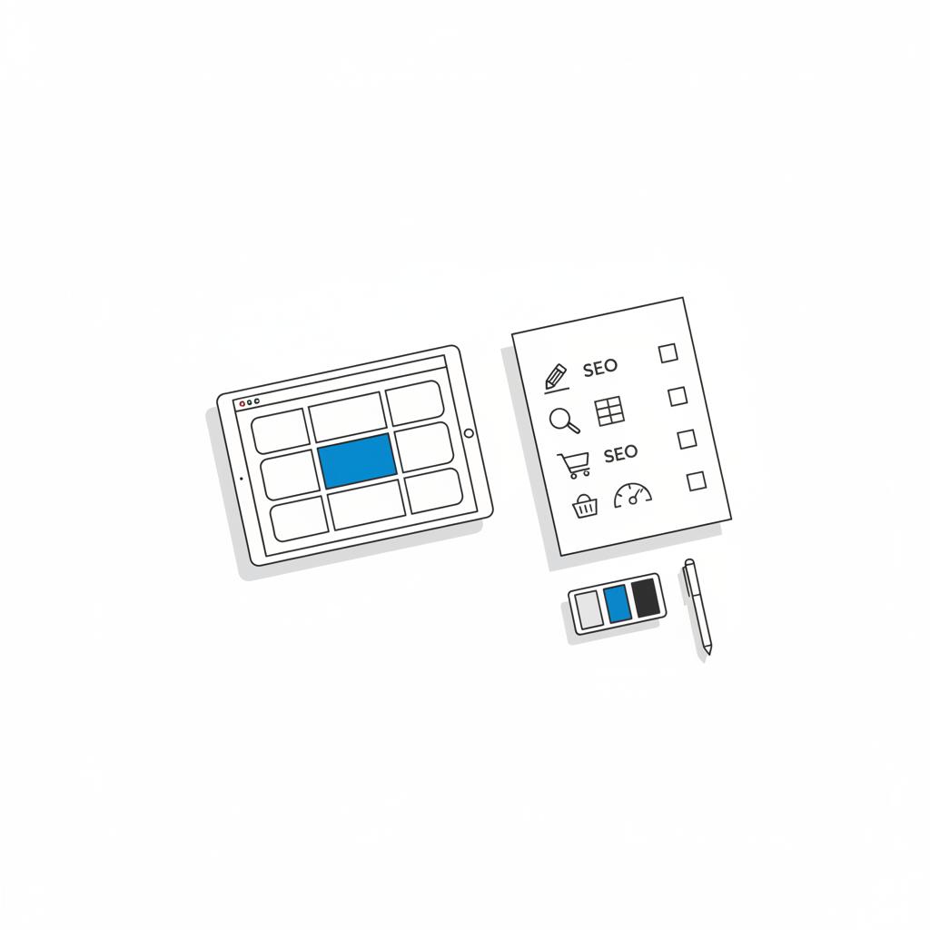 Minimal 2D vector flatlay of a tablet with layout blocks and a four-row icon checklist, clean white background, Agency Visible accents &mdash; best website builder 2025