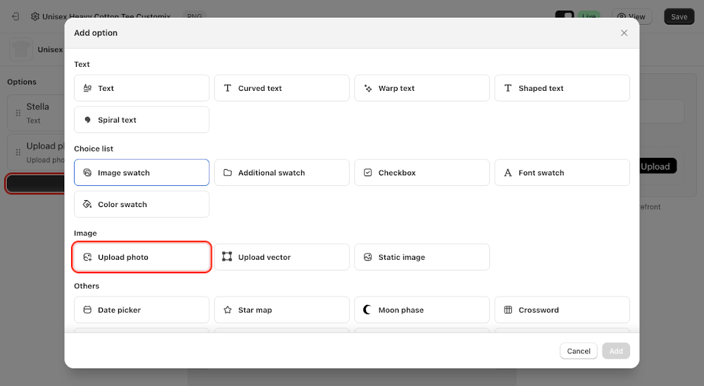 Add option menu with Upload photo selected under Image