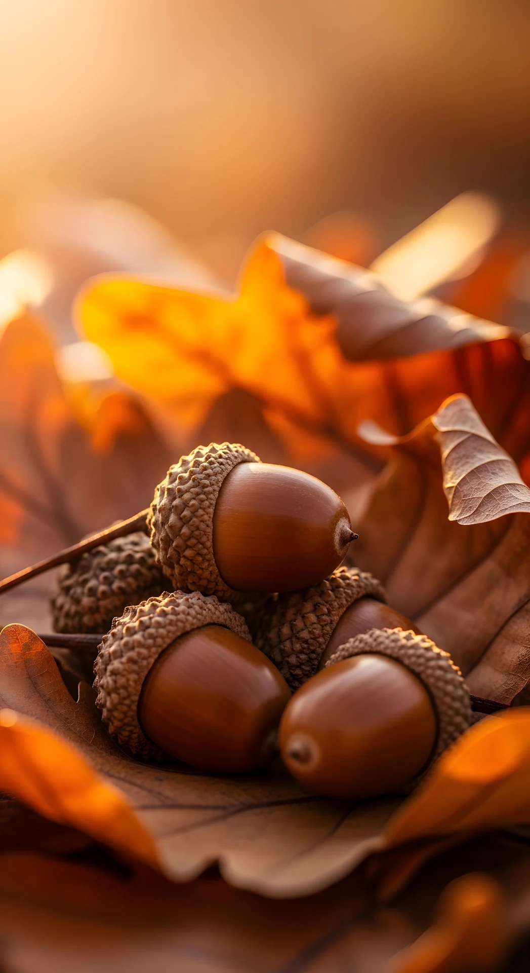 Autumn Acorns Macro in Golden Forest Light - Free 4K mobile Wallpaper