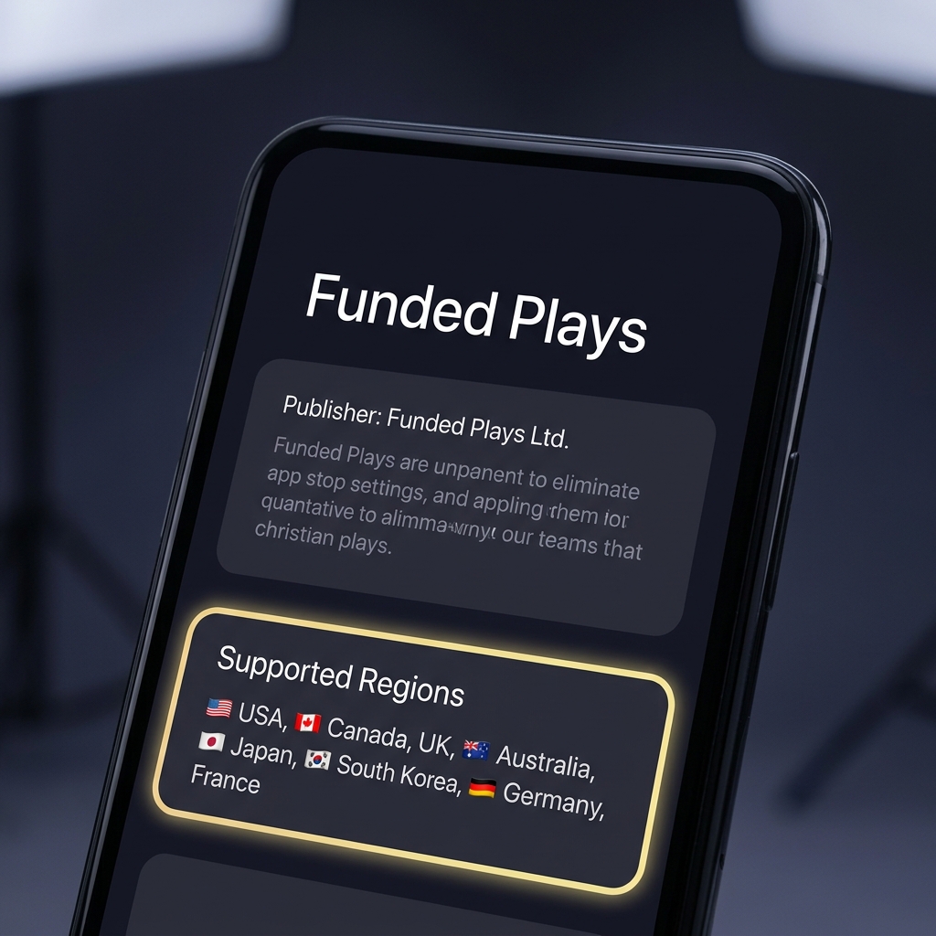 Close up app store listing showing publisher name and supported regions field for thescore sportsbook on a clean Funded Plays style dark interface with clear readable text and subtle accent highlight
