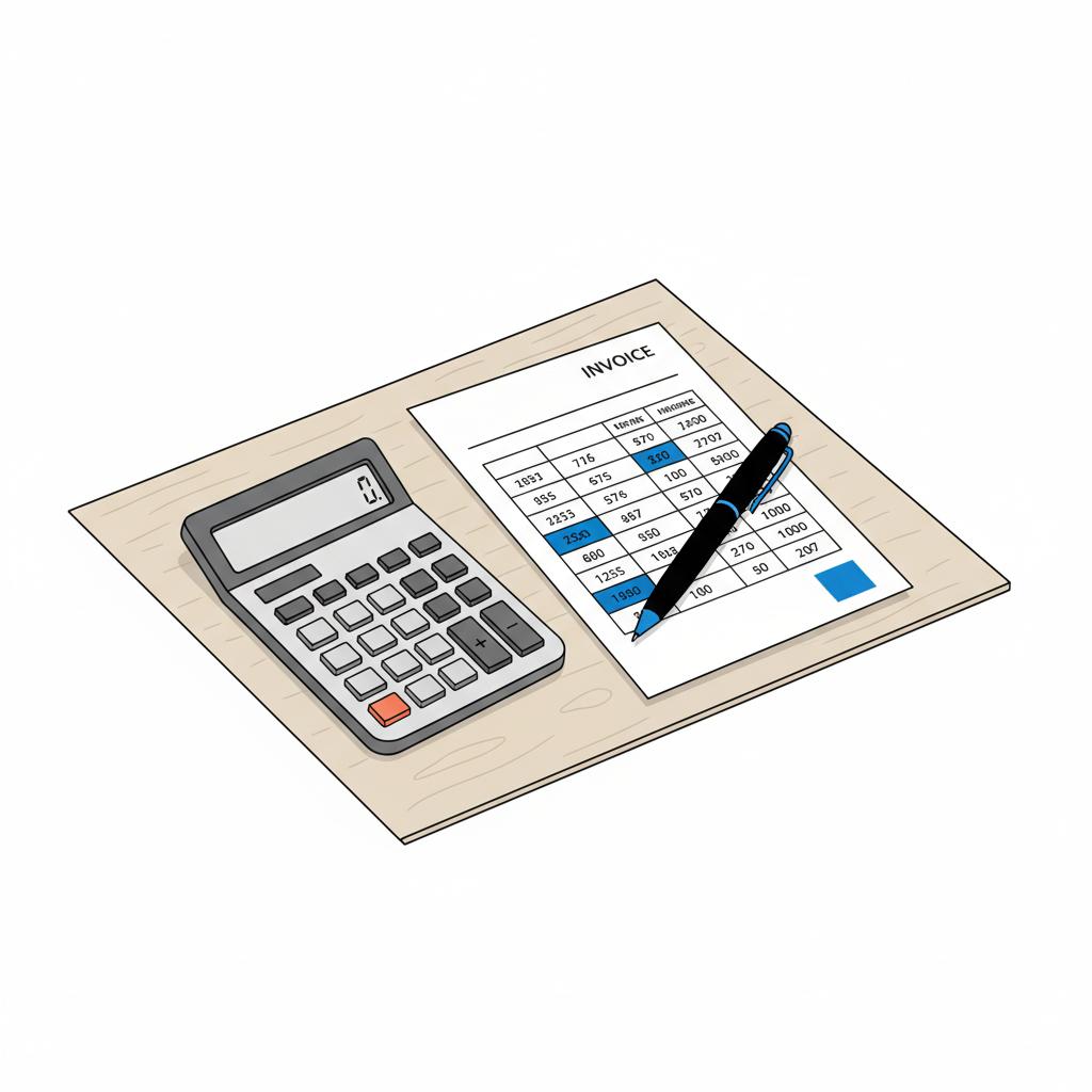 how much does Angi charge contractors &mdash; 2D vector close-up of an analog calculator, printed invoice with numeric columns and blue-highlighted cells, pen and blue brand swatch on white background