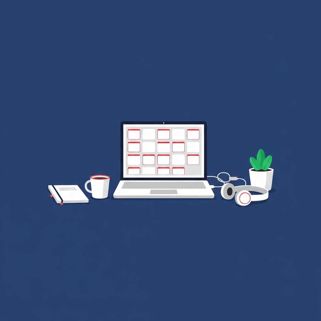 Minimalist 2D vector empty home desk with open laptop showing portfolio grid notebook mug and plant in Michael Carbonara color palette jobs usa remote