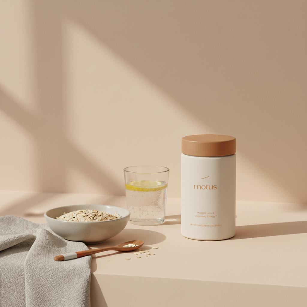 Motus supplement jar on a minimalist kitchen counter beside a bowl of steel-cut oats and a glass of sparkling water with lemon, lifestyle scene about worst carb for belly fat