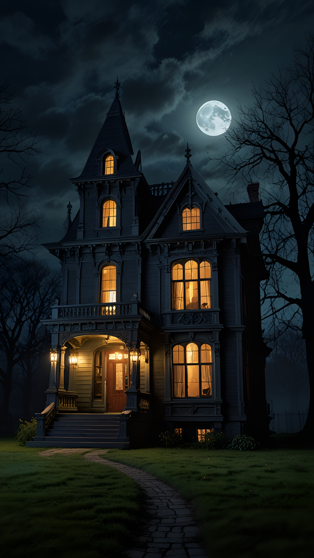Eerie Gothic Mansion Under Full Moon Night Sky - Free 4K mobile Wallpaper