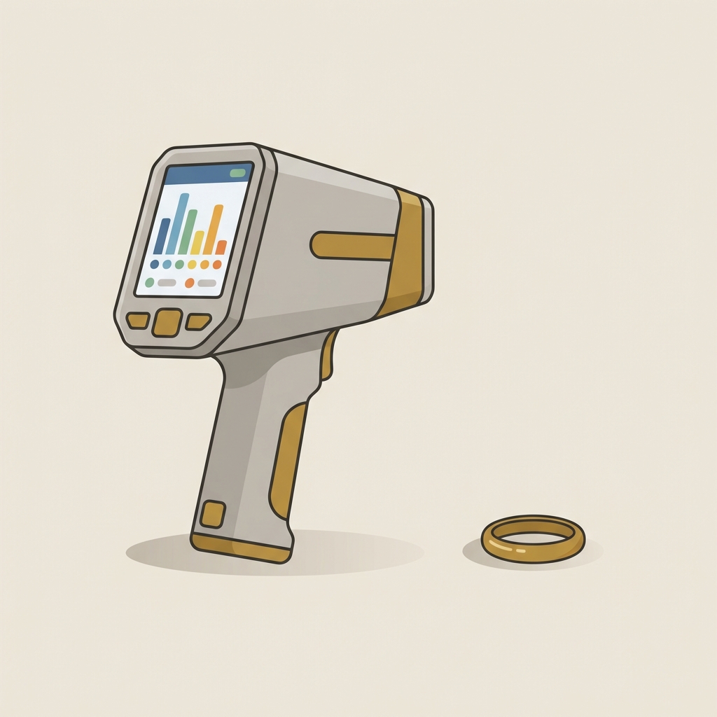 Minimalist 2D vector of a handheld XRF analyzer beside a small gold ring on a neutral background showing anonymized graphic readout no text cincin emas roman