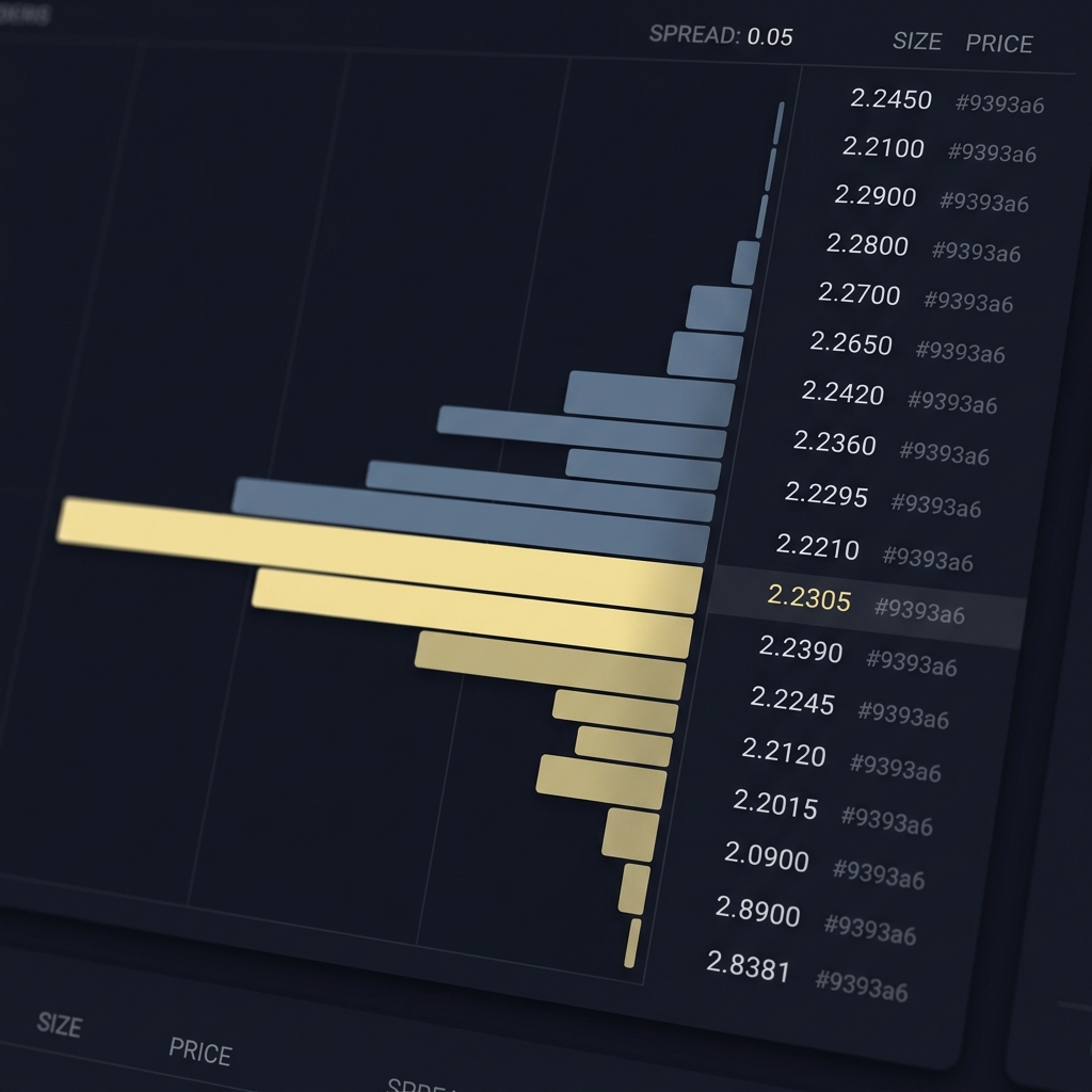 Close up of exchange order book with layered depth bars and price ladder labeled spread and size showing market liquidity visualization How Public Betting Can Influence a Market